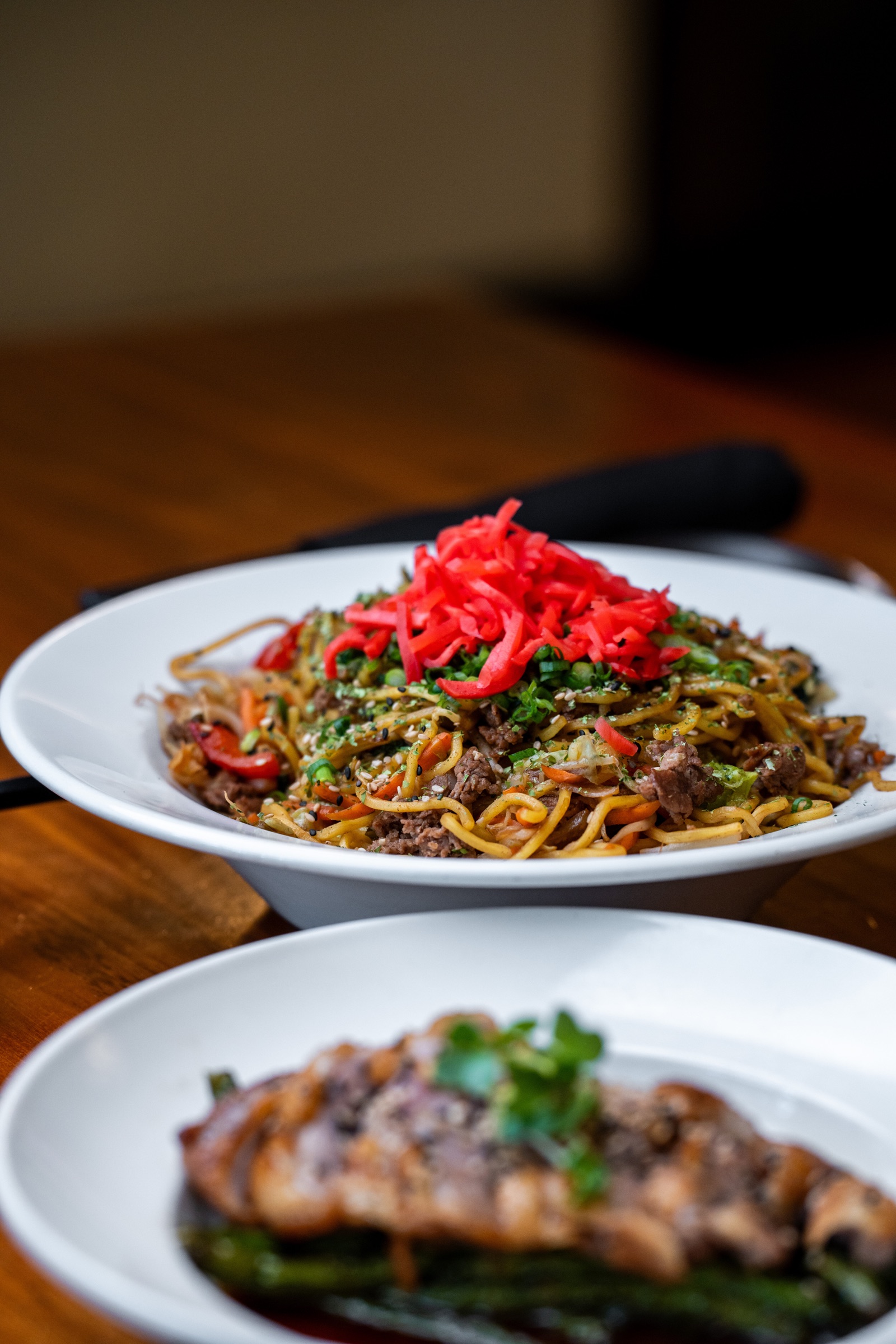 Yakisoba noodles topped with pickled ginger at Hana